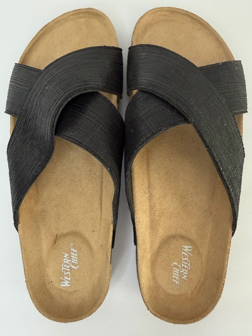 Cork Footbed Slide Sandals Black Metallic Crisscross Comfort Size 9